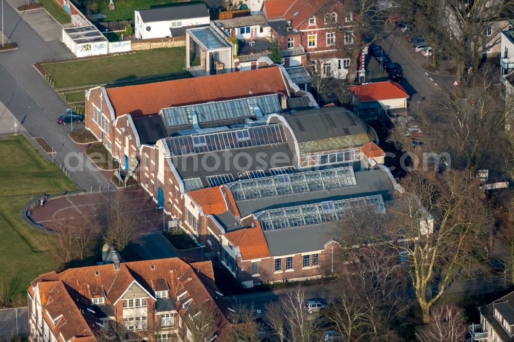 Herne from above - Building of the indoor arena Flottmann-Hallen on Strasse des Bohrhammers in Herne in the state North Rhine-Westphalia, Germany