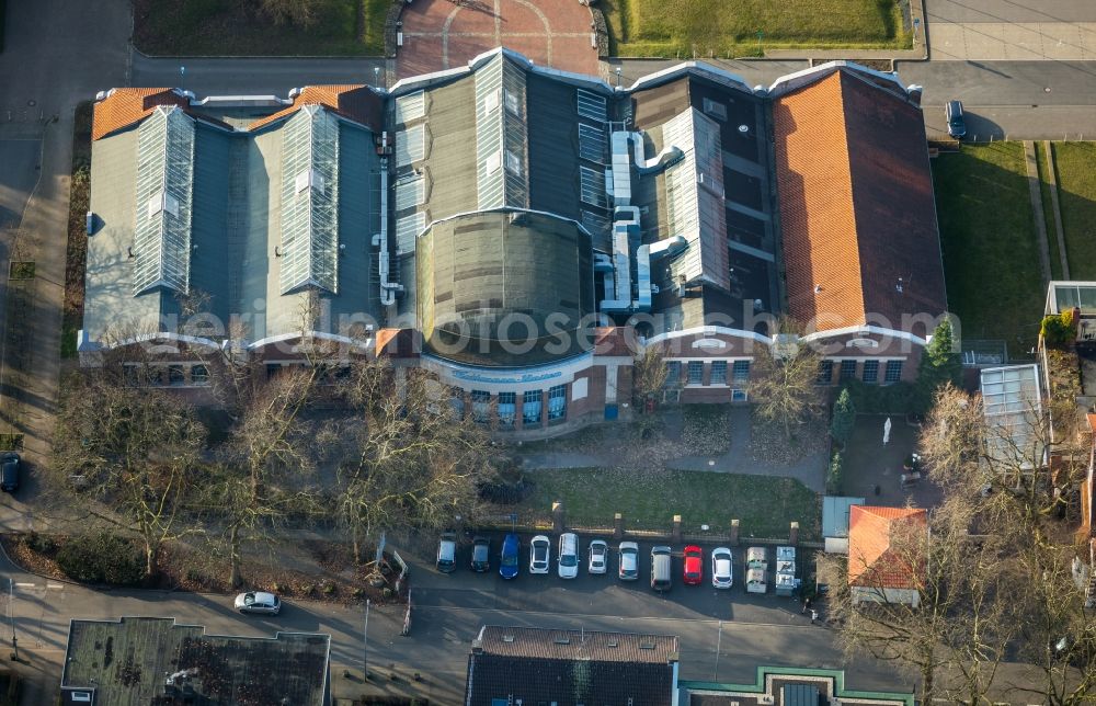 Herne from the bird's eye view: Building of the indoor arena Flottmann-Hallen on Strasse des Bohrhammers in Herne in the state North Rhine-Westphalia, Germany