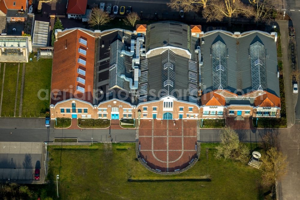 Aerial photograph Herne - Building of the indoor arena Flottmann-Hallen on Strasse des Bohrhammers in Herne in the state North Rhine-Westphalia, Germany