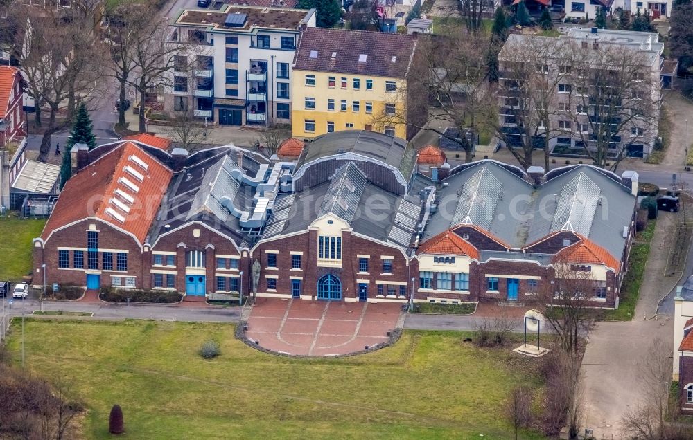 Herne from the bird's eye view: Building of the indoor arena Flottmann-Hallen on Strasse des Bohrhammers in Herne in the state North Rhine-Westphalia, Germany