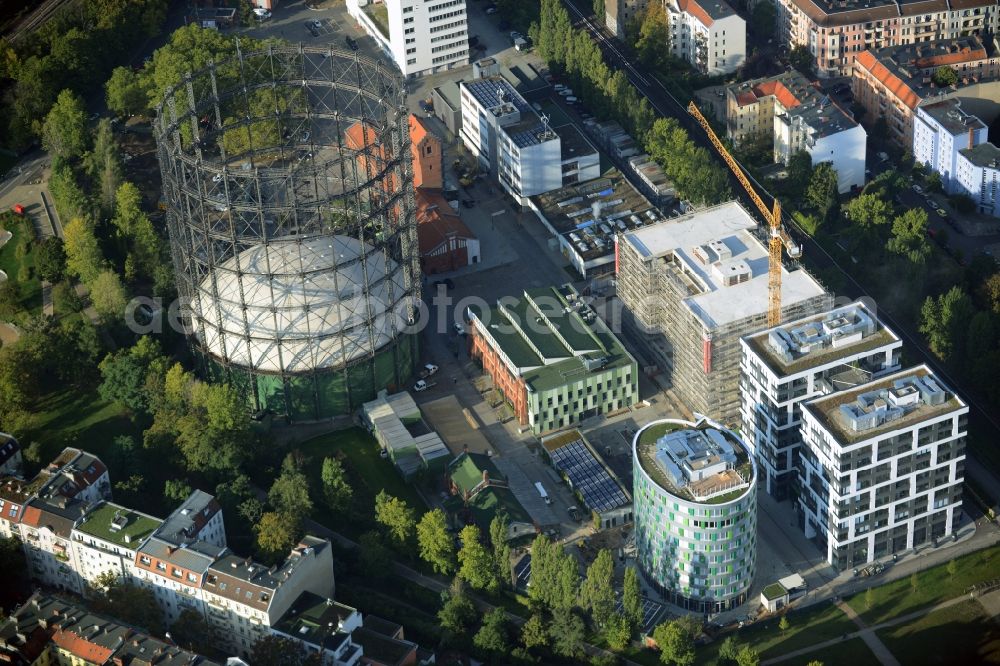 Berlin from above - Building the indoor arena Gasometer Schoeneberg on EUREF-Campus in Berlin in Germany