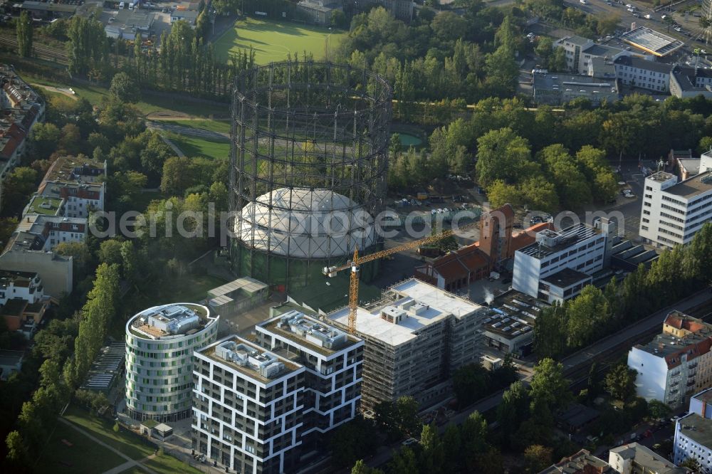 Berlin from above - Building the indoor arena Gasometer Schoeneberg on EUREF-Campus in Berlin in Germany