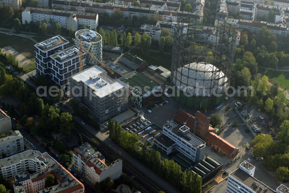 Aerial image Berlin - Building the indoor arena Gasometer Schoeneberg on EUREF-Campus in Berlin in Germany