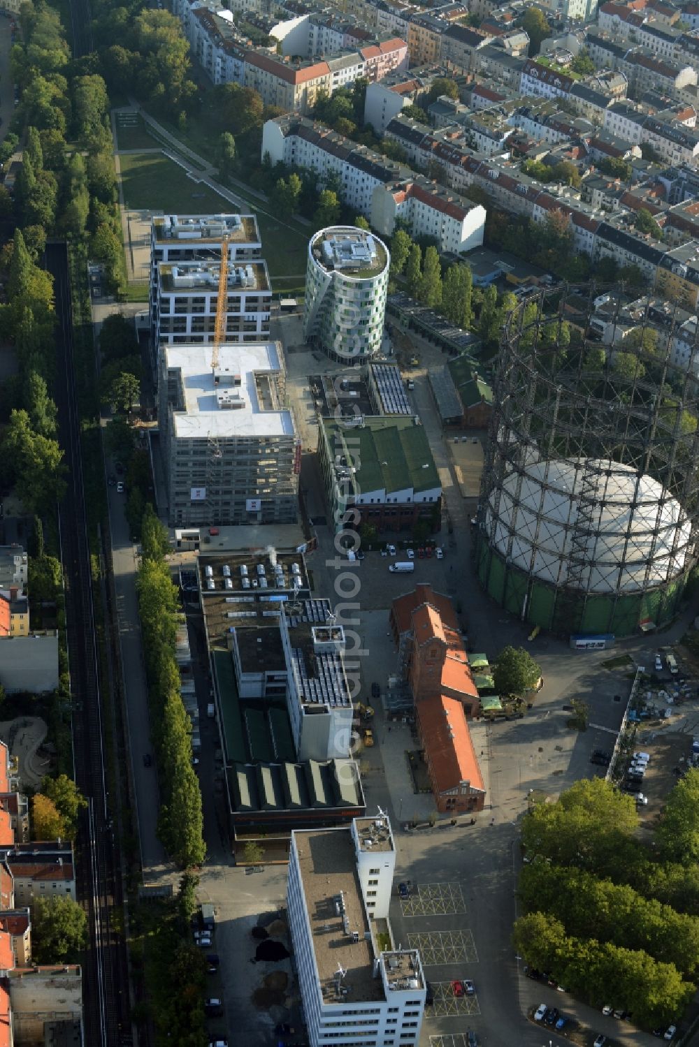 Berlin from above - Building the indoor arena Gasometer Schoeneberg on EUREF-Campus in Berlin in Germany