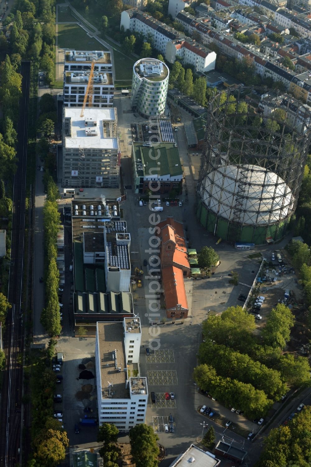 Berlin from the bird's eye view: Building the indoor arena Gasometer Schoeneberg on EUREF-Campus in Berlin in Germany