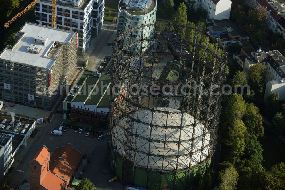 Aerial image Berlin - Building the indoor arena Gasometer Schoeneberg on EUREF-Campus in Berlin in Germany