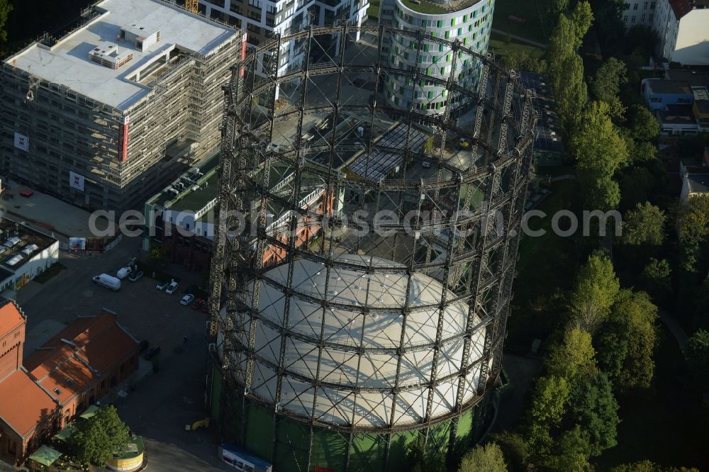 Berlin from above - Building the indoor arena Gasometer Schoeneberg on EUREF-Campus in Berlin in Germany