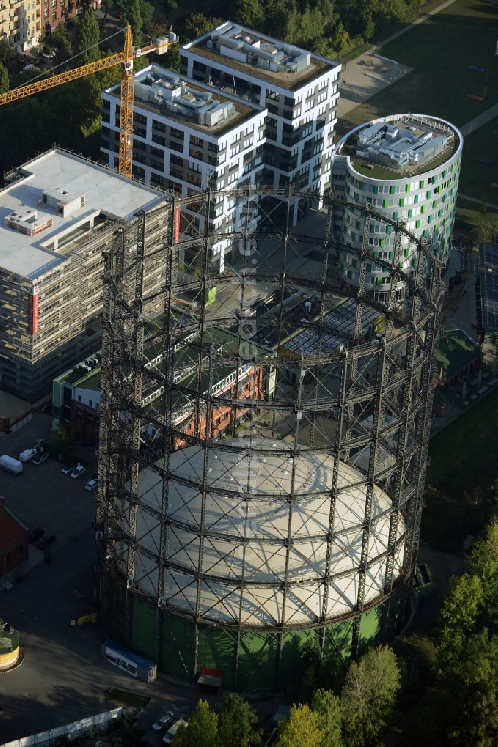 Berlin from the bird's eye view: Building the indoor arena Gasometer Schoeneberg on EUREF-Campus in Berlin in Germany