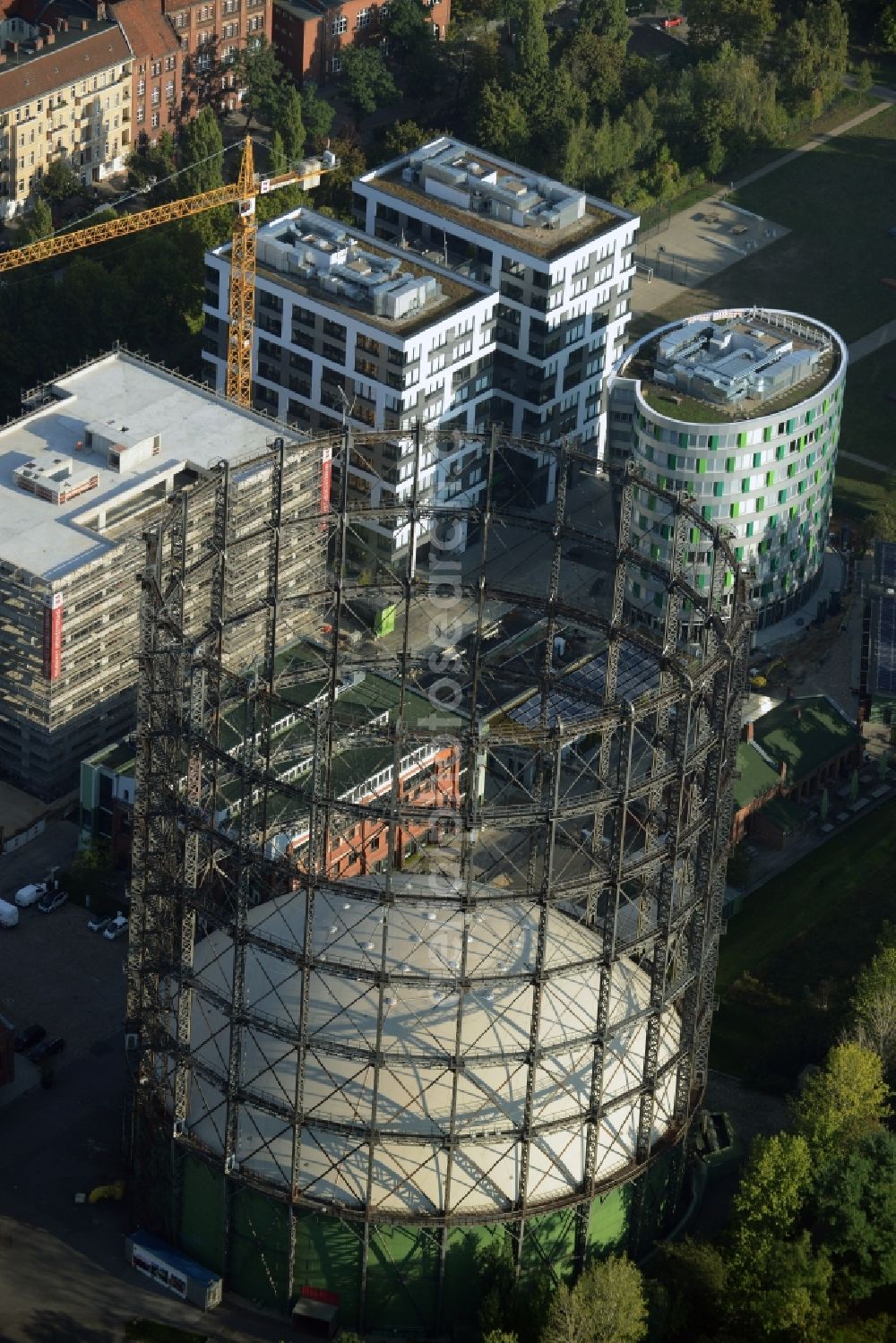 Aerial image Berlin - Building the indoor arena Gasometer Schoeneberg on EUREF-Campus in Berlin in Germany