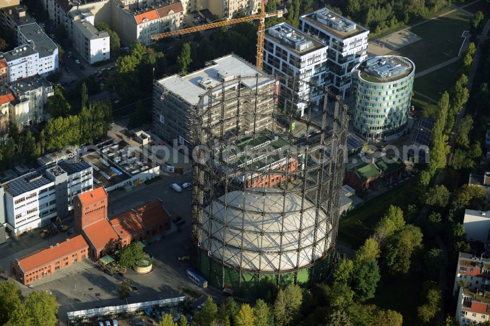 Berlin from above - Building the indoor arena Gasometer Schoeneberg on EUREF-Campus in Berlin in Germany