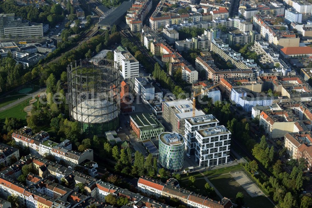 Aerial image Berlin - Building the indoor arena Gasometer Schoeneberg on EUREF-Campus in Berlin in Germany