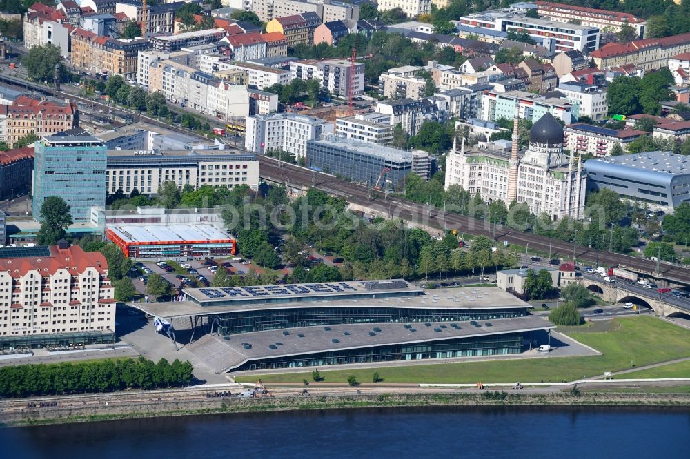 Dresden from above - Building of the indoor arena Internationales Congress Center Dresden on Ostra-Ufer in Dresden in the state Saxony, Germany