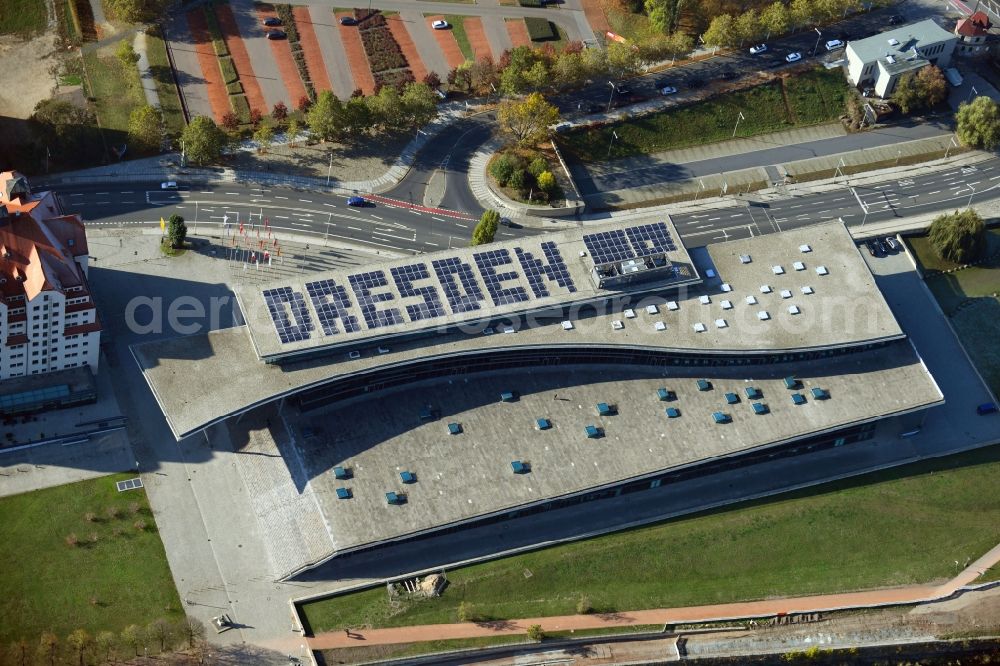 Dresden from above - Building of the indoor arena Internationales Congress Center Dresden on Ostra-Ufer in Dresden in the state Saxony, Germany