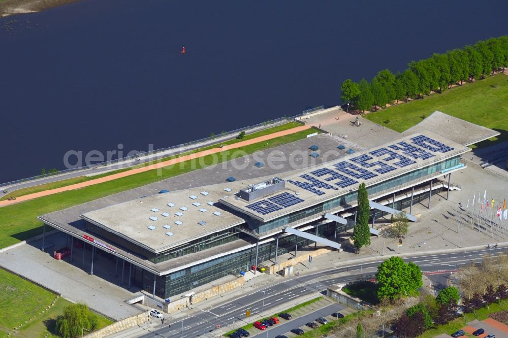 Dresden from the bird's eye view: Building of the indoor arena Internationales Congress Center Dresden on Ostra-Ufer in Dresden in the state Saxony, Germany