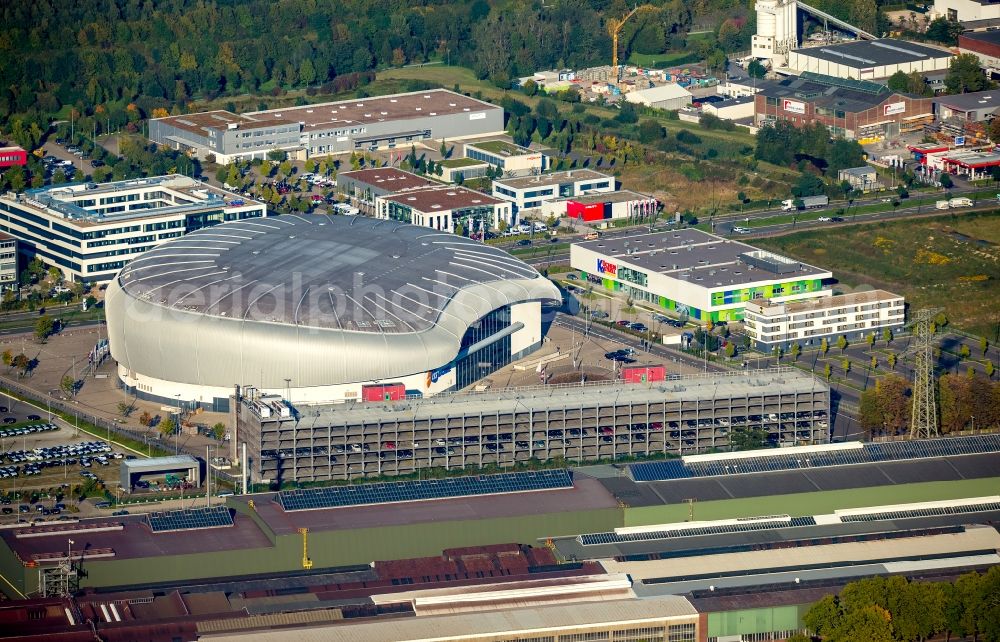 Aerial image Düsseldorf - Building the indoor arena ISS Dome and its parking facility in Duesseldorf in the state North Rhine-Westphalia