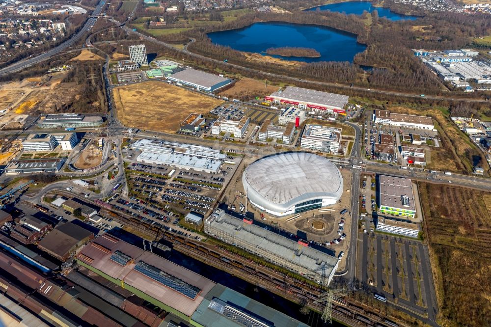 Aerial image Düsseldorf - Building the indoor arena ISS Dome and its parking facility in Duesseldorf in the state North Rhine-Westphalia