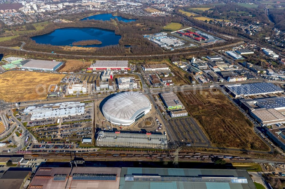 Aerial photograph Düsseldorf - Building the indoor arena ISS Dome and its parking facility in Duesseldorf in the state North Rhine-Westphalia