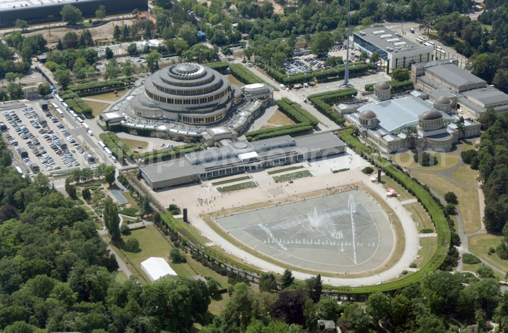 Aerial image Wroclaw Breslau - Building the indoor arena Jahrhunderthalle Hala Stulecia Wystawowa in Wroclaw Breslau in Lower Silesia, Poland