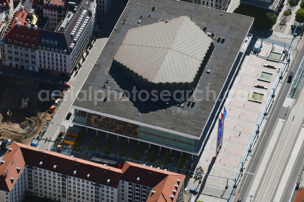 Dresden from above - Building of the indoor arena Kulturpalast on Schlossstrasse in Dresden in the state Saxony, Germany