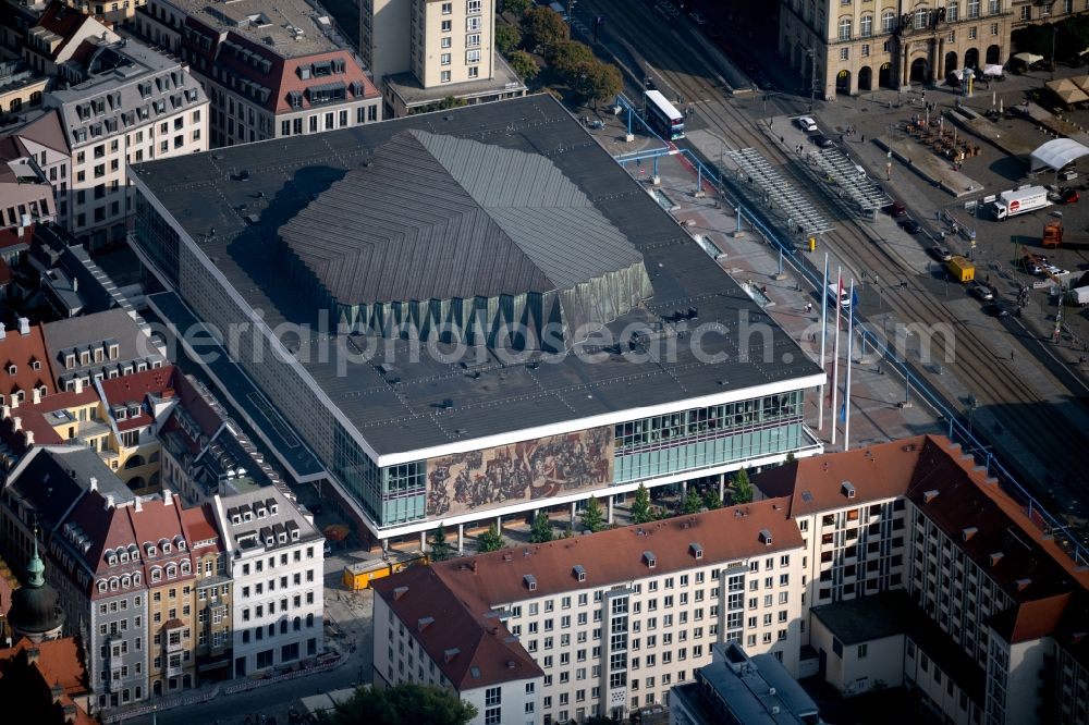 Aerial photograph Dresden - Building of the indoor arena Kulturpalast on Schlossstrasse in Dresden in the state Saxony, Germany