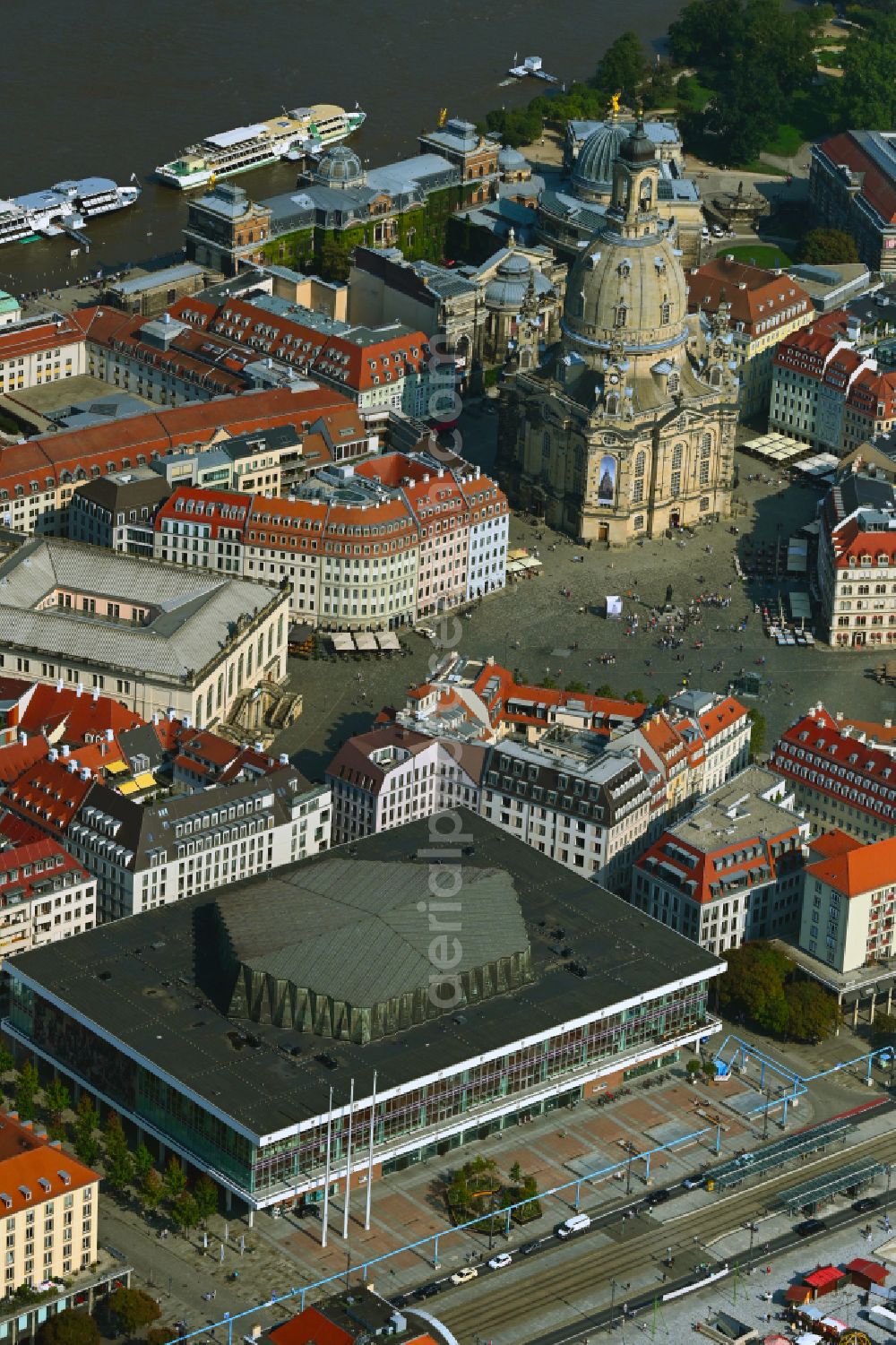 Aerial image Dresden - Building of the indoor arena Kulturpalast on Schlossstrasse in Dresden in the state Saxony, Germany