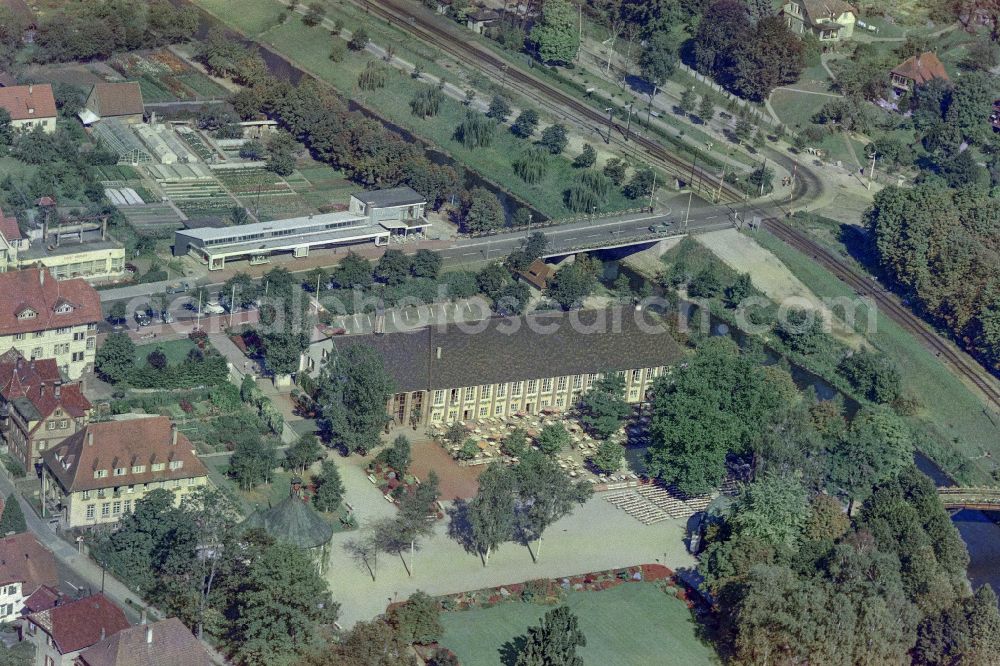 Bad Liebenzell from above - Building of the indoor arena and Kurhaus on street Kurhausdamm in Bad Liebenzell in the state Baden-Wuerttemberg, Germany