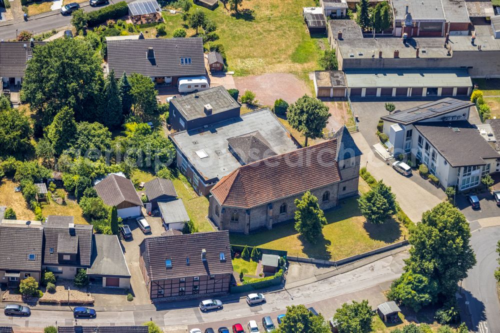 Aerial image Castrop-Rauxel - Building of the indoor arena Maximilian-Kolbe-Haus the former cath. Parish Church of Alt St. Lambertus in the district Henrichenburg in Castrop-Rauxel at Ruhrgebiet in the state North Rhine-Westphalia, Germany