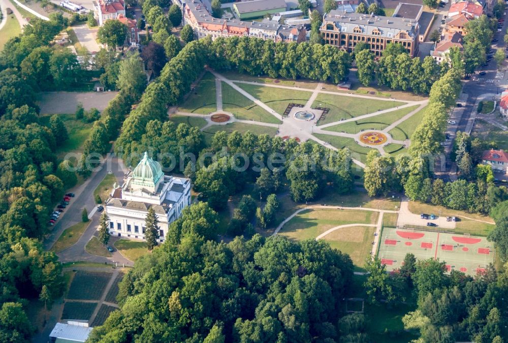 Zgorzelec from above - Building of the indoor arena Oberlausitzer Gedenkhalle in Zgorzelec in Woiwodschaft Niederschlesien, Poland