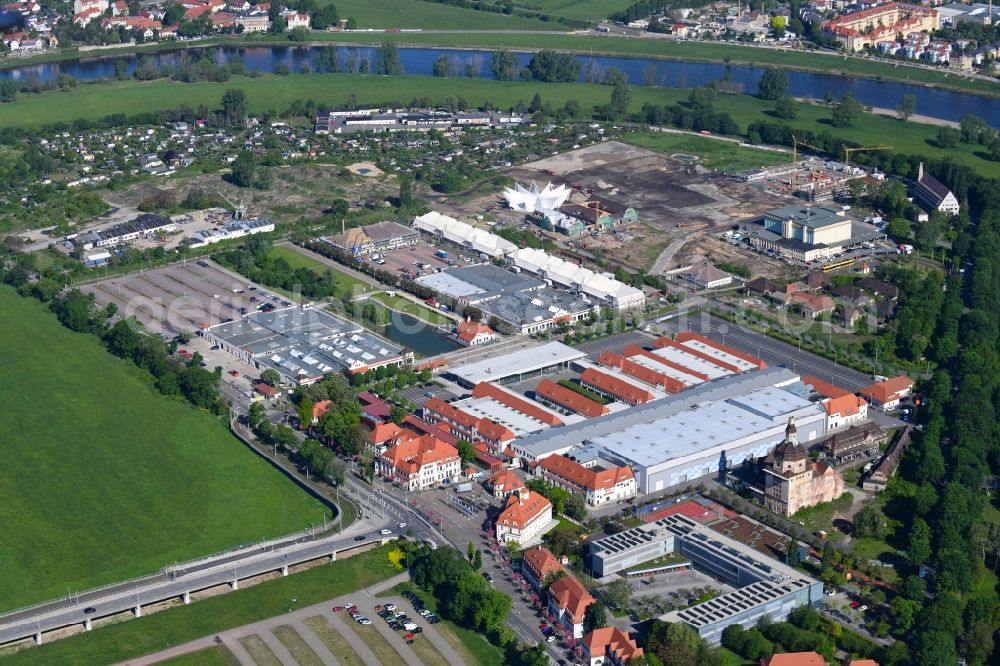 Dresden from the bird's eye view: Building of the indoor arena Ostrapark on the Messering in Dresden in the state Saxony