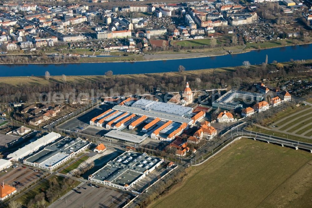 Dresden from the bird's eye view: Building of the indoor arena Ostrapark on the Messering in Dresden in the state Saxony