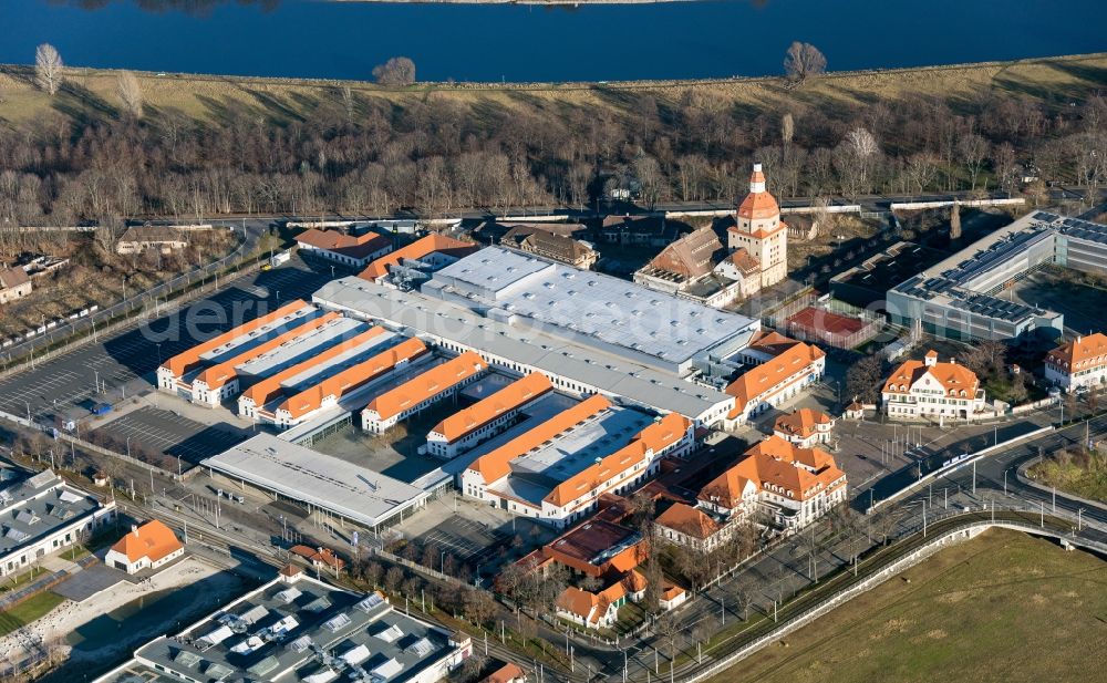 Aerial image Dresden - Building of the indoor arena Ostrapark on the Messering in Dresden in the state Saxony