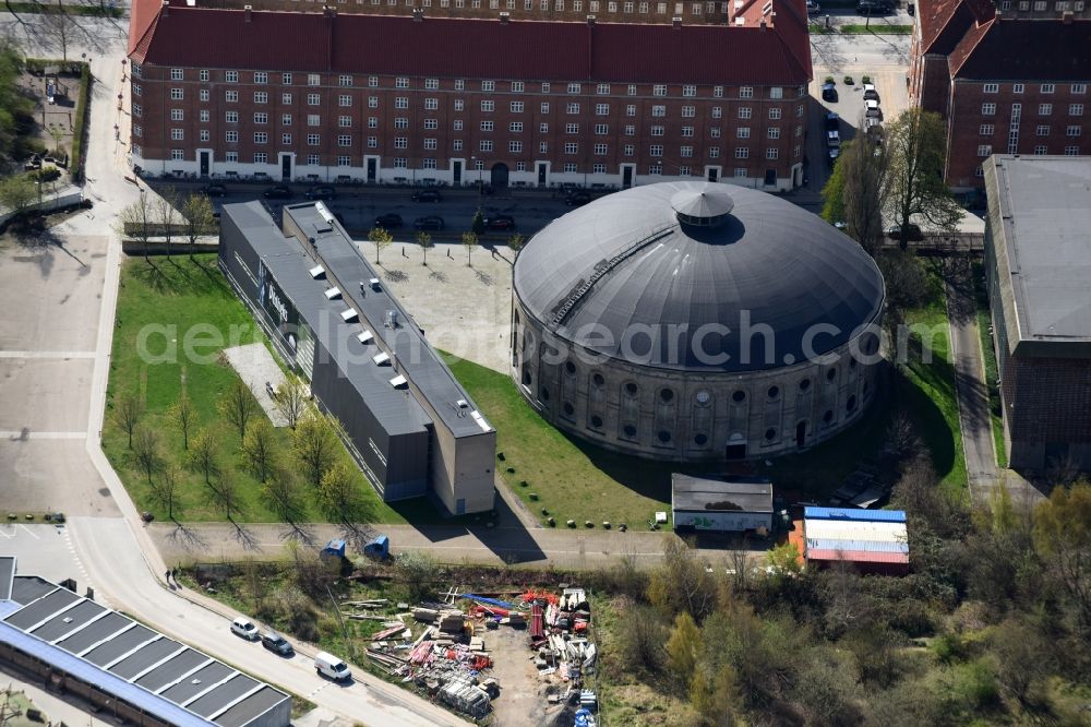 Kopenhagen from the bird's eye view: Building of the indoor arena Ostre Gasvaerk Teater in Copenhagen in Denmark