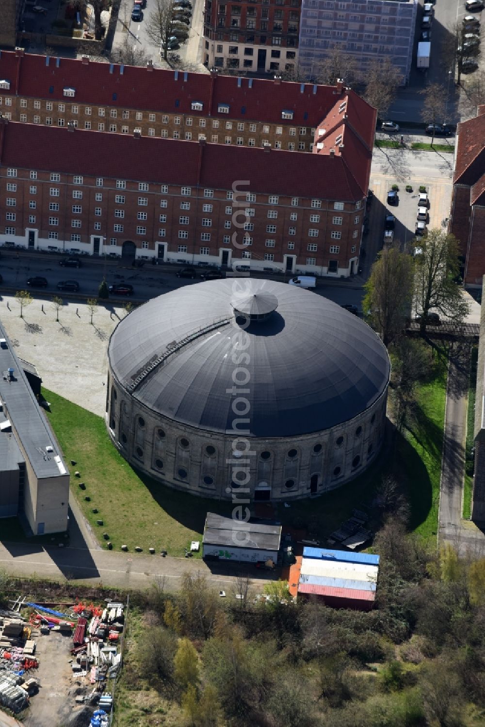 Kopenhagen from the bird's eye view: Building of the indoor arena Ostre Gasvaerk Teater in Copenhagen in Denmark