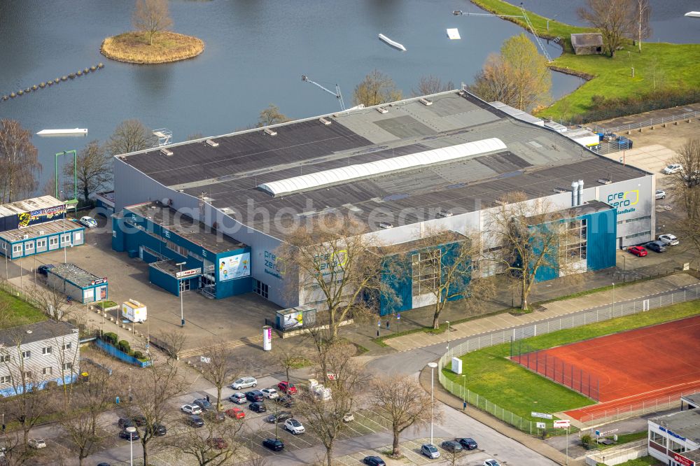 Aerial photograph Duisburg - Building of the indoor arena PreZero Rheinlandhalle on street Margaretenstrasse in Duisburg at Ruhrgebiet in the state North Rhine-Westphalia, Germany