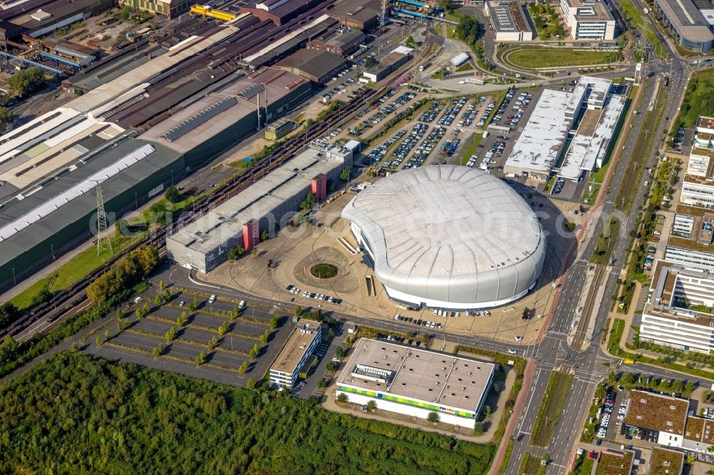 Aerial image Düsseldorf - Building the indoor arena PSD BANK DOME and its parking facility in Duesseldorf at Ruhrgebiet in the state North Rhine-Westphalia