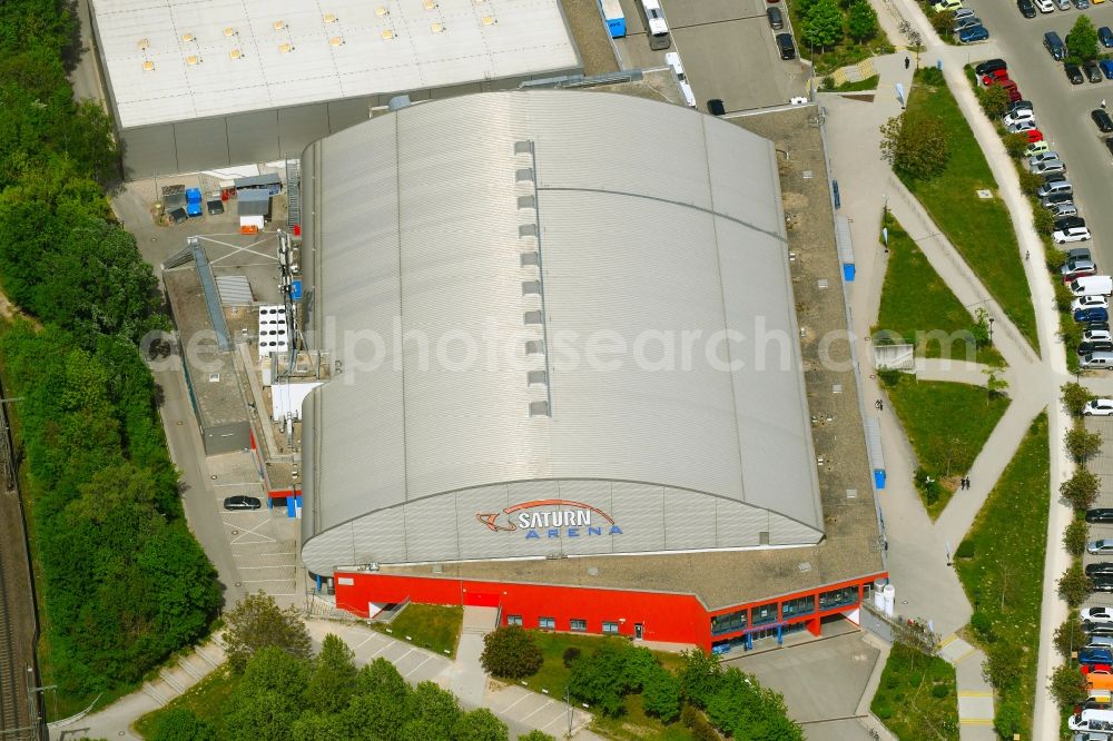 Ingolstadt from above - Building of the indoor arena Saturn Arena on Suedliche Ringstrasse in Ingolstadt in the state Bavaria, Germany