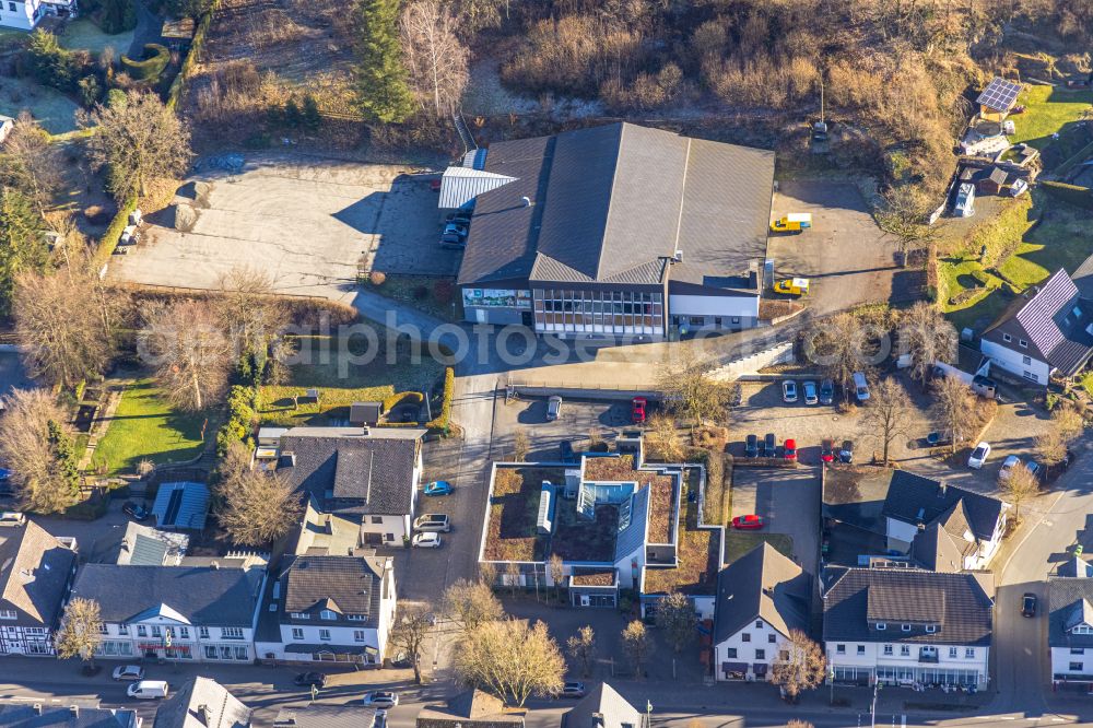 Eslohe (Sauerland) from the bird's eye view: Building of the indoor arena Schuetzenhalle Eslohe on Hauptstrasse in Eslohe (Sauerland) in the state North Rhine-Westphalia, Germany