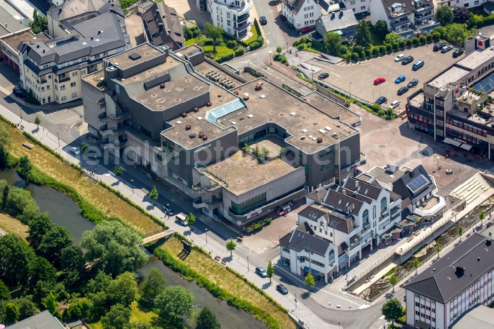 Meschede from above - Building the indoor arena Stadthallen on Franz-Stahlmecke-Platz in Meschede in the state North Rhine-Westphalia, Germany