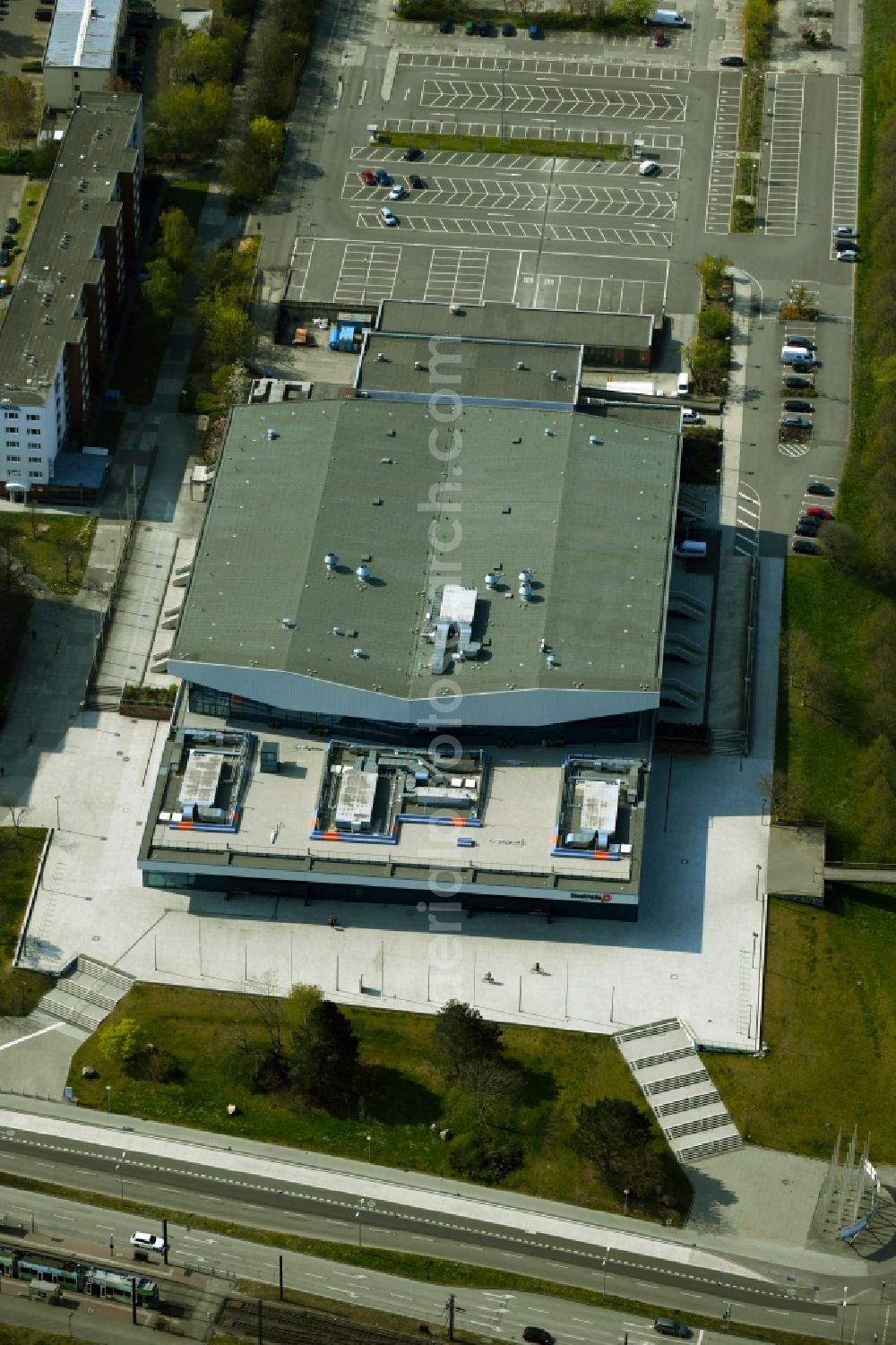 Rostock from above - Building of the indoor arena StadtHalle Rostock on Suedring in Rostock in the state Mecklenburg - Western Pomerania, Germany