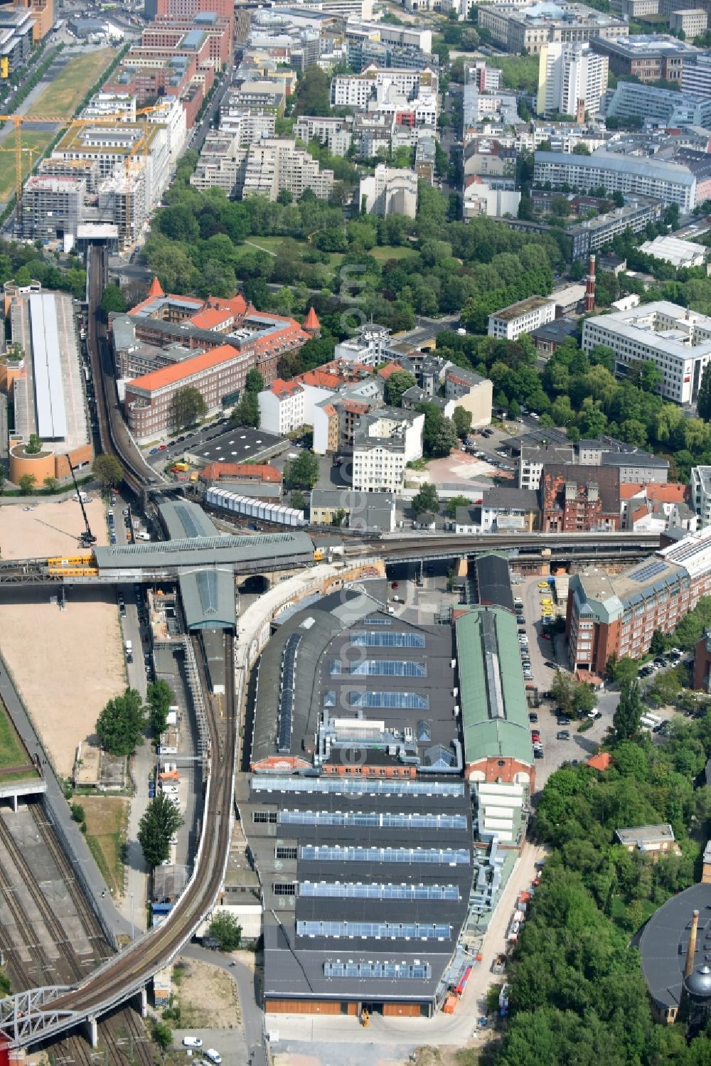 Berlin from the bird's eye view: Building the indoor arena Markthallen at Gleisdreieck in the district Kreuzberg in Berlin, Germany