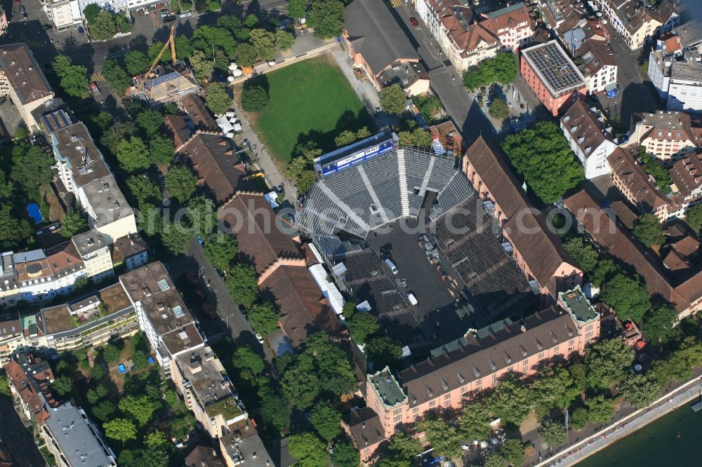 Aerial image Basel - Preparation for the event: Spectacular open-air event is the military music festival, the tattoo in the barracks courtyard in Basel, Switzerland. Every year, the music show is held close to the river Rhine