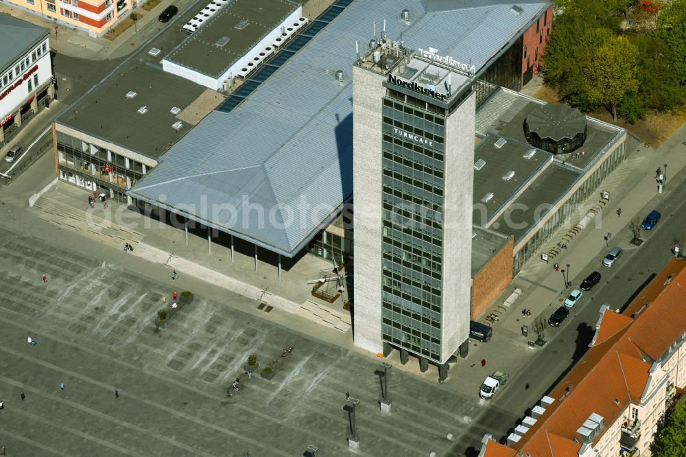 Neubrandenburg from above - Building of the venue House of Culture and Education on the market square in Neubrandenburg in the state Mecklenburg-Western Pomerania, Germany