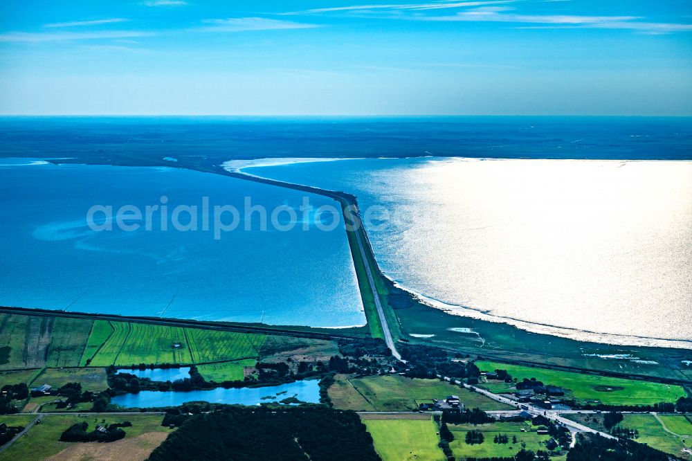 Römö from above - Connection Causeway to the island of Roemoe in Denmark. The island can be the completed in 1948, toll free Roemoedaemningen (German: Roem Damm;) Length: 9170 m) are reached from the Mainland