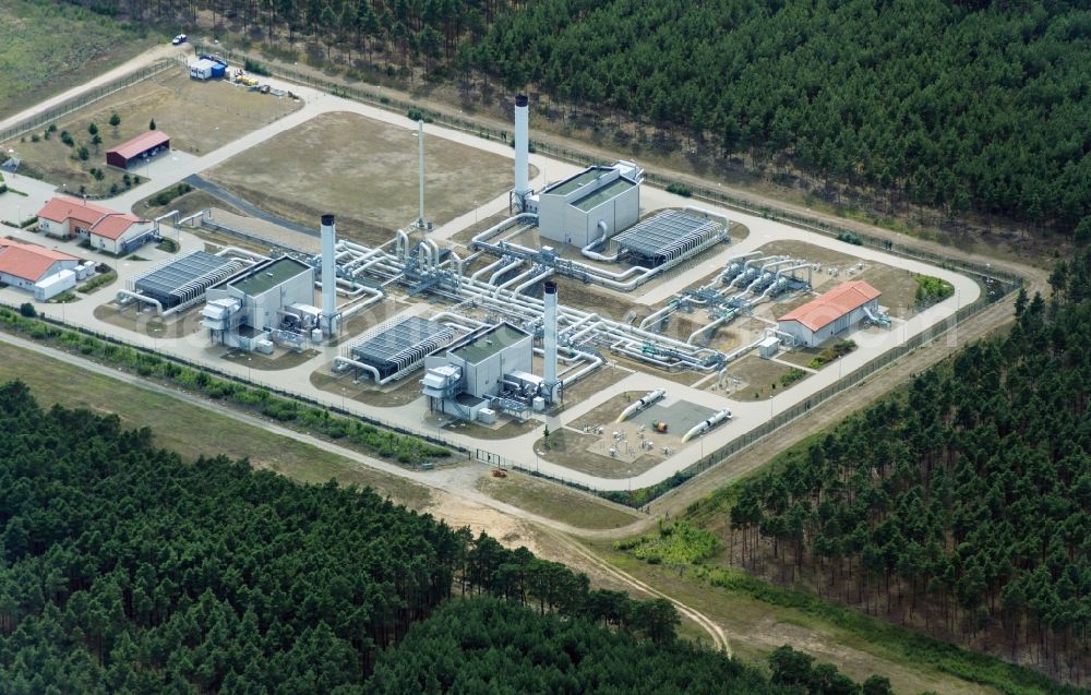 Radeland from the bird's eye view: Compressor Stadium and pumping station for natural gas in forest near Radeland in the state Brandenburg