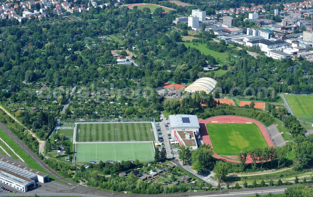 Frankfurt am Main from the bird's eye view: Blick auf den neuen Um- und Erweiterungsbau am Stadion am Riederwald im Stadtteil Seckbach. Der Verein Eintracht Frankfurt e.V. lies durch die Baufirma Anton Schick GmbH und Co. KG.nach Entwürfen des Architekt Peter Fenchel ein Vereinszentrum bauen.