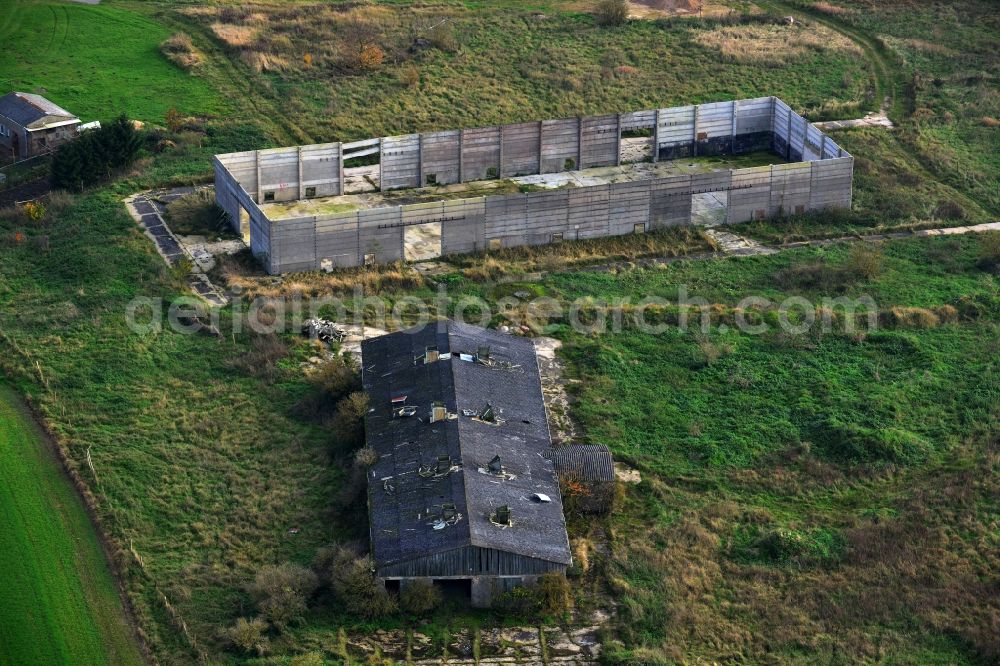 Schönhausen from the bird's eye view: Decaying ruins of an LPG agricultural cooperative in the former GDR Schoenhausen in Mecklenburg - Western Pomerania