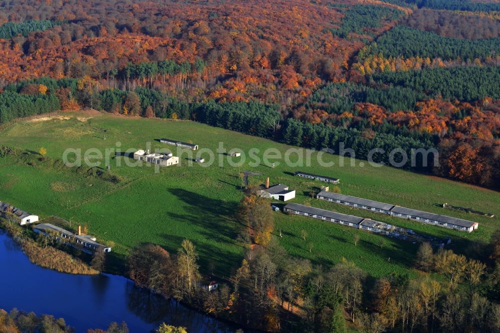 Grünow from above - Decaying remnants of ruins of stables and barracks of animal breeding operation in Grünow in Mecklenburg - Western Pomerania