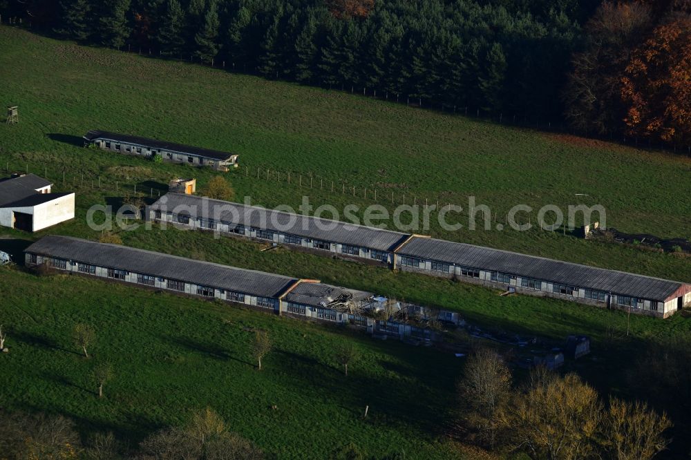 Grünow from the bird's eye view: Decaying remnants of ruins of stables and barracks of animal breeding operation in Grünow in Mecklenburg - Western Pomerania