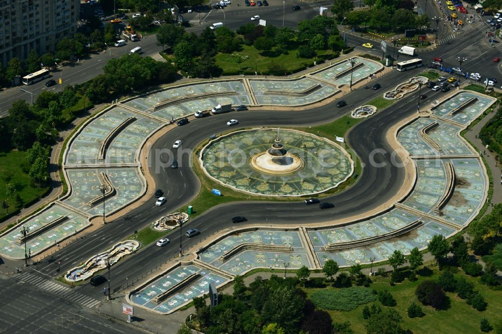 Aerial image Bukarest - Decaying superb fountain at Piata Unirii to avenue of Bulevardul Bd Unirii in the city center of the capital city of Bucharest in Romania