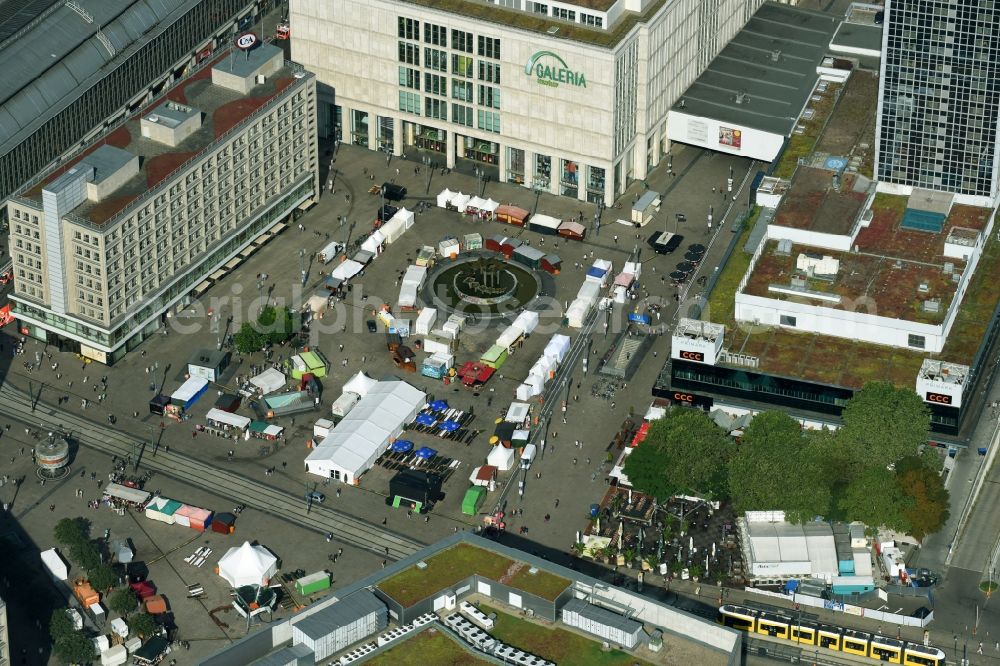 Berlin from above - Sale and food stands and trade stalls in the market place on Alexanderplatz in the district Mitte in Berlin, Germany